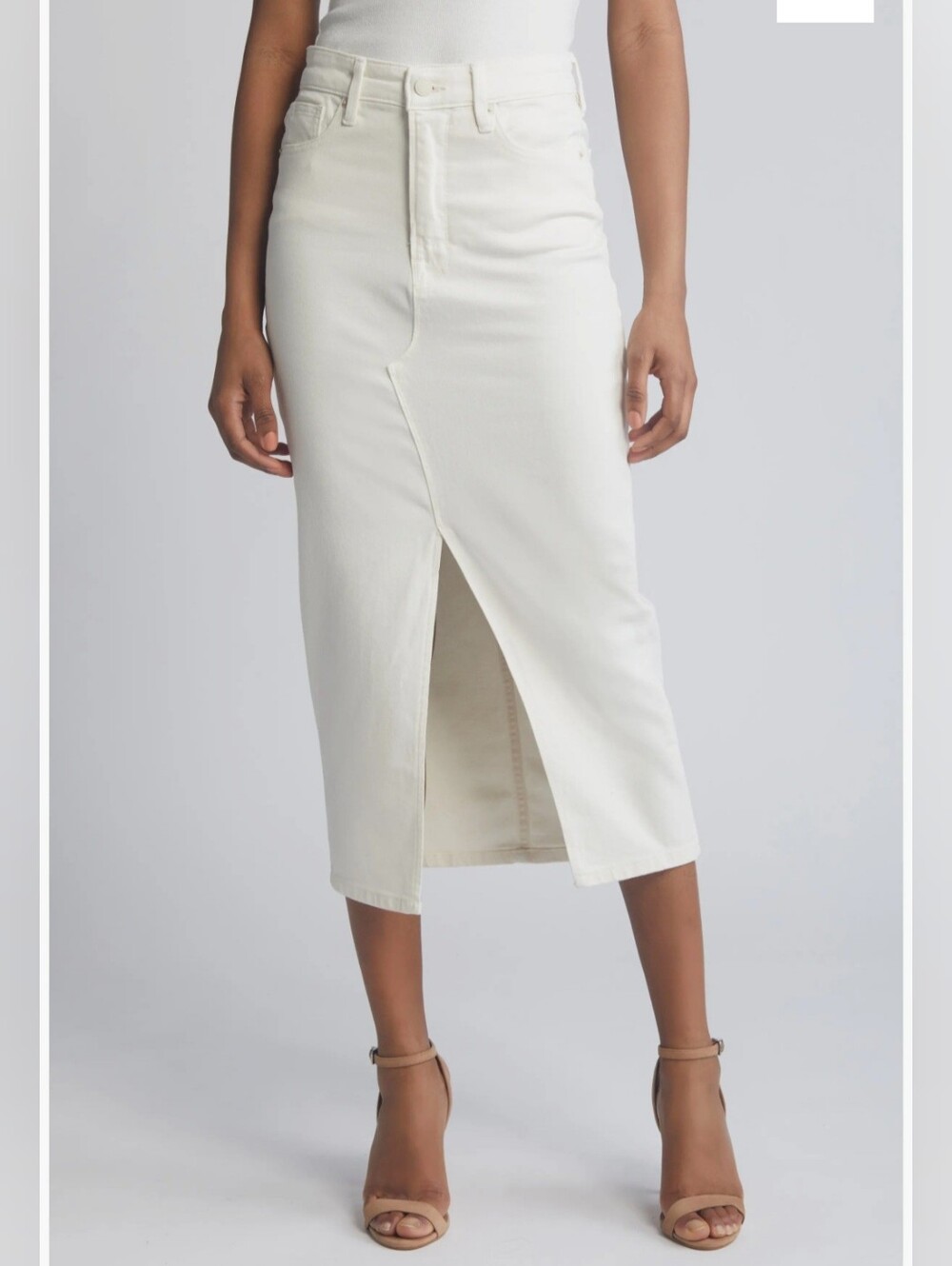 Good American White/ Ivory Denim Midi Skirt Front Slit